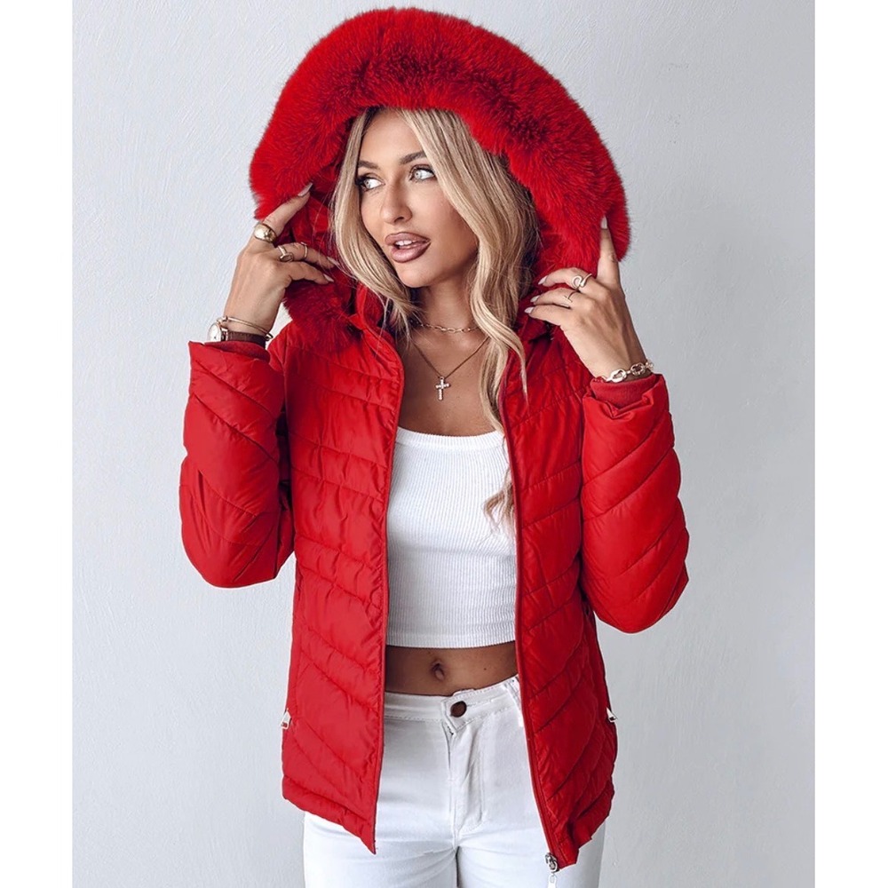 CHIC ME Women's Red Puffer Jacket Faux Fur Hood Quilted Zip Up Size L - Picture 7 of 8